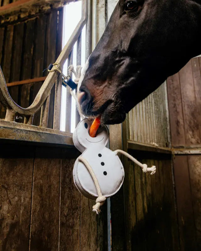 Horse eating carrot from LEMIEUX Snowman Toy by Equiflair. Festive fun for horses!