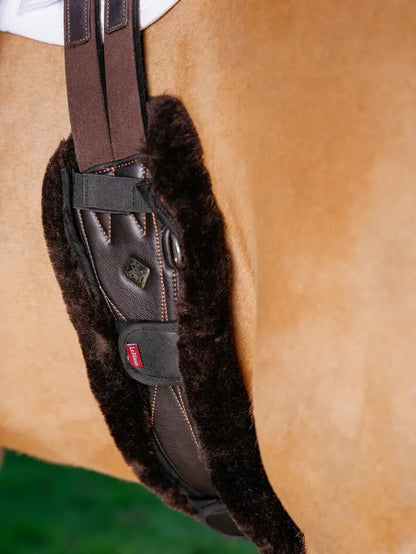 LeMieux Merino+ Anatomic Jumping Girth Cover Brown on Horse - Equine Comfort & Protection