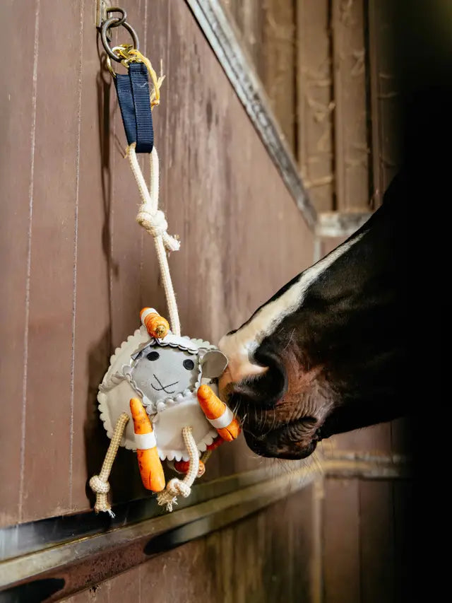 Horse playing with Equiflair sheep toy in stall: Interactive boredom buster, carrot treats.