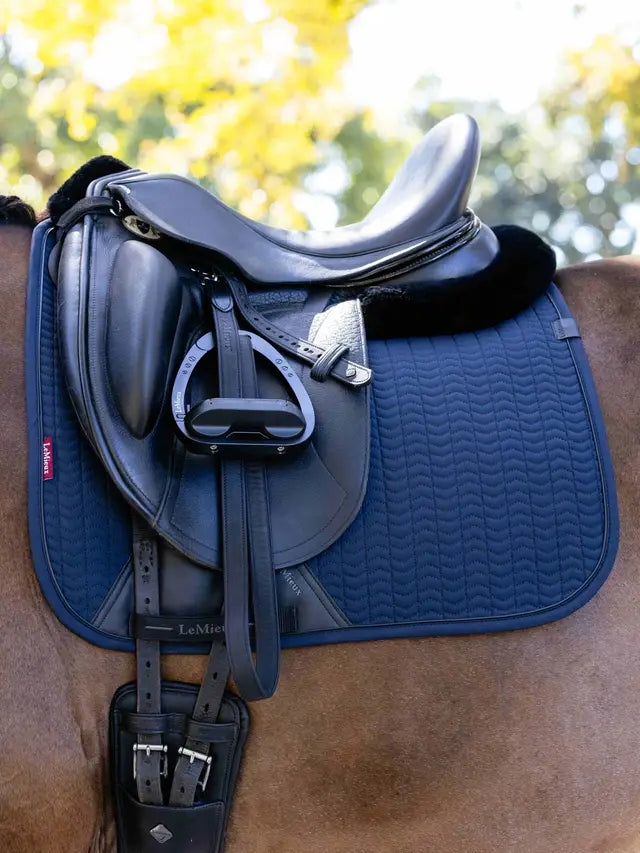 LEMIEUX ESSENCE DRESSAGE SQUARE NAVY Saddle Pad: Soft Shell, Breathable, Cooling, High Wither - Equiflair Saddlery