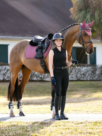 Equestrian Rider with Horse & LeMieux Rosewood Saddle Pad. Woman in Helmet, Horse Riding Gear. High Quality Image.
