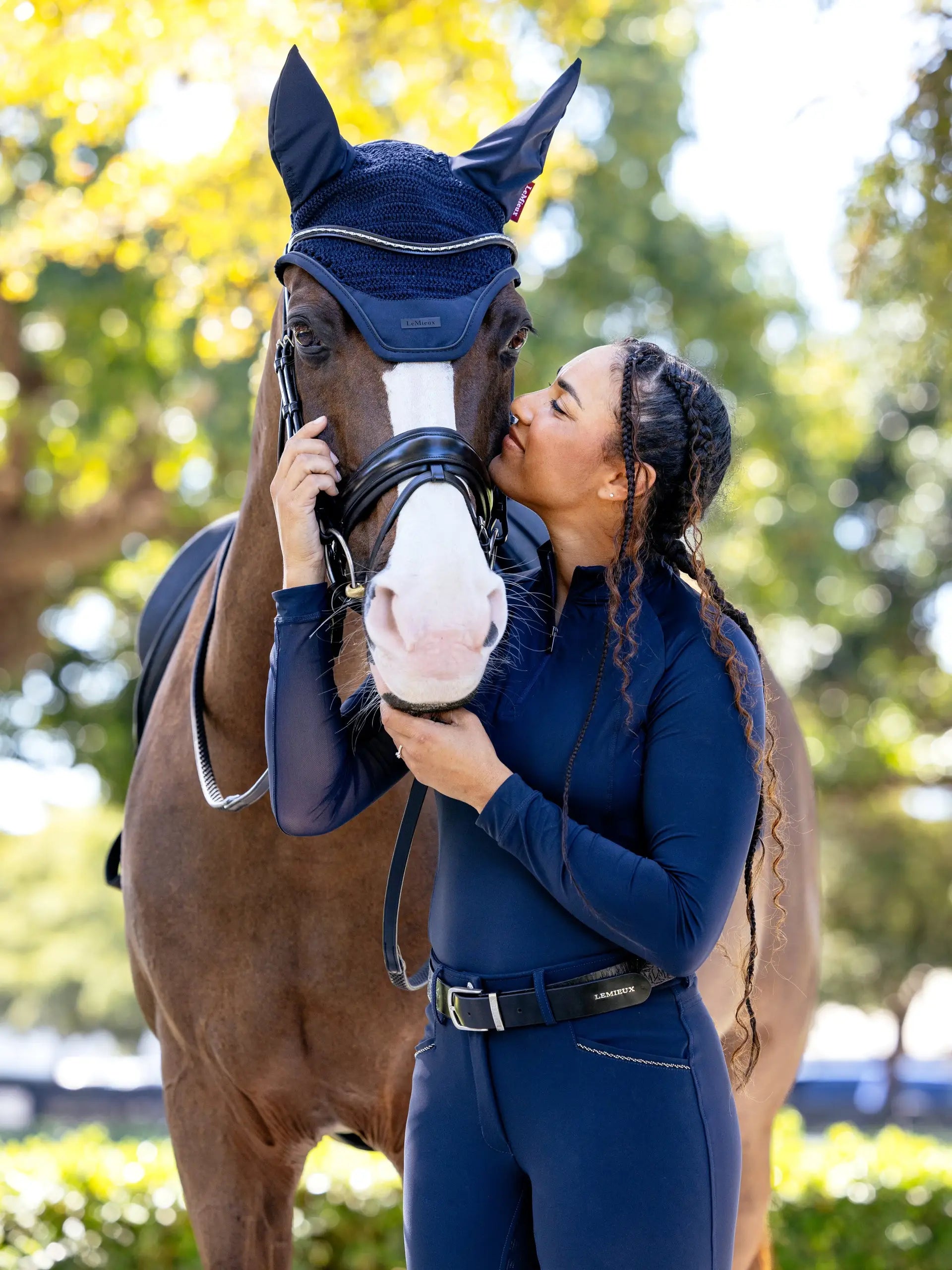 Lemieux Acoustic Fly Hood Navy on Horse with Woman: Soundproof Equine Ear Cover