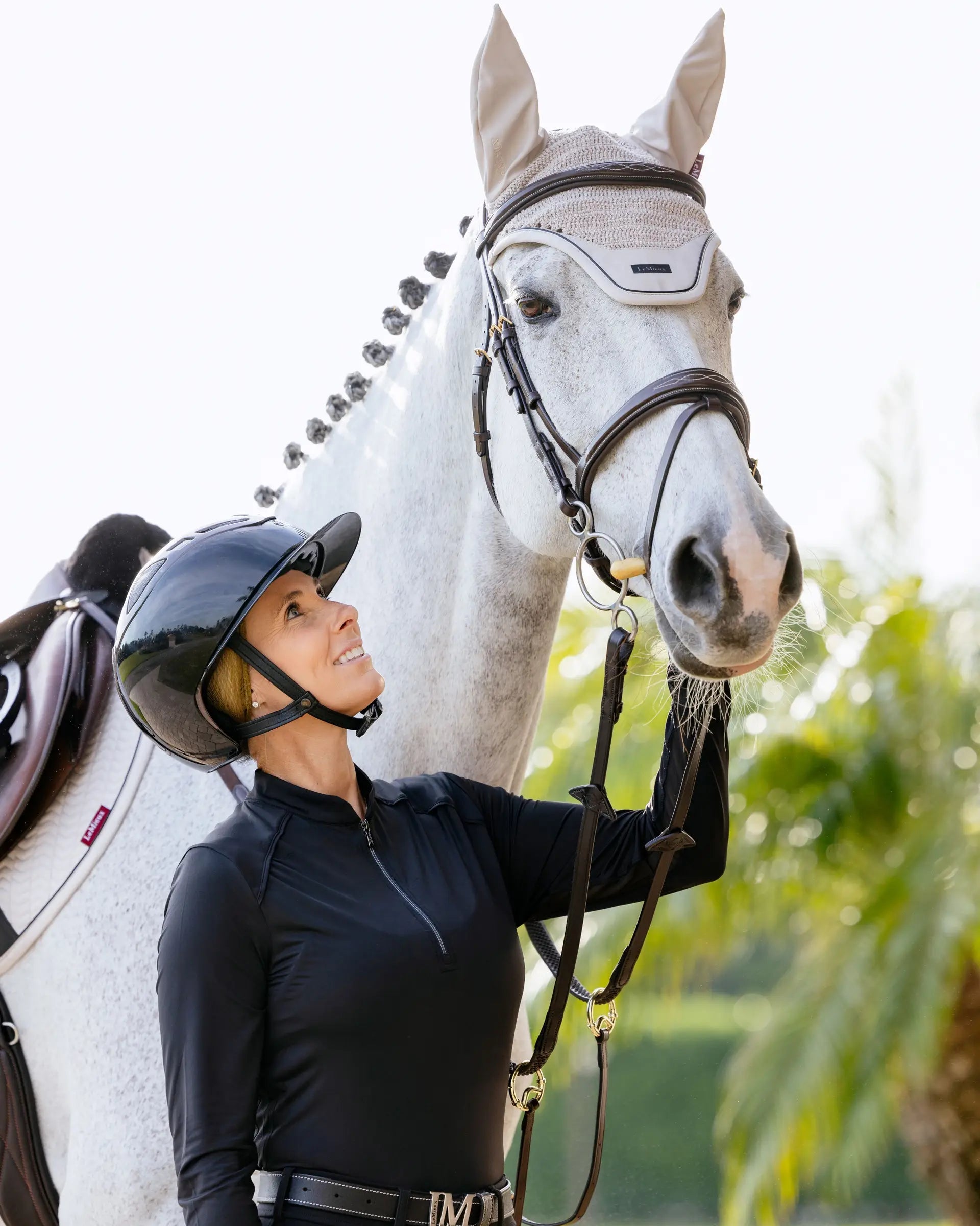 Equestrian Style: LeMieux Essence Fly Hood on Grey Horse with Rider - Equiflair