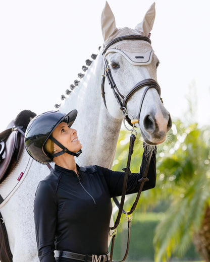 Equestrian Style: LeMieux Essence Fly Hood on Grey Horse with Rider - Equiflair