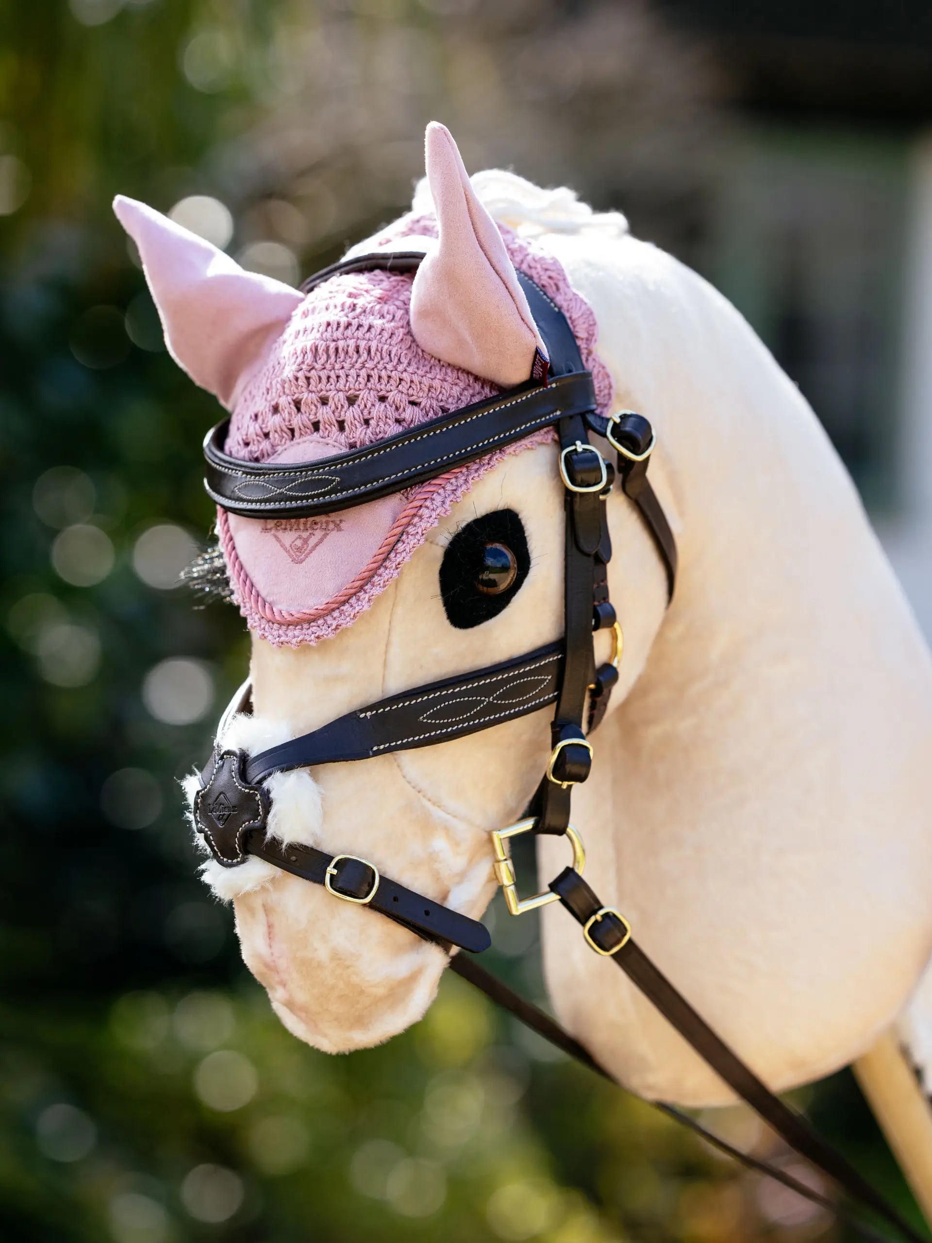 LEMIEUX Hobby Horse Fly Hood - Blossom | Equiflair Toy Horse Accessory, Pink Crochet Design with Leather Bridle