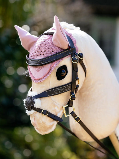 LEMIEUX Hobby Horse Fly Hood - Blossom | Equiflair Toy Horse Accessory, Pink Crochet Design with Leather Bridle