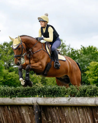 Horse Jumping Eventing: Rider in Yellow LeMieux Pom Hat Silk (Mimosa/Stone) - Equiflair