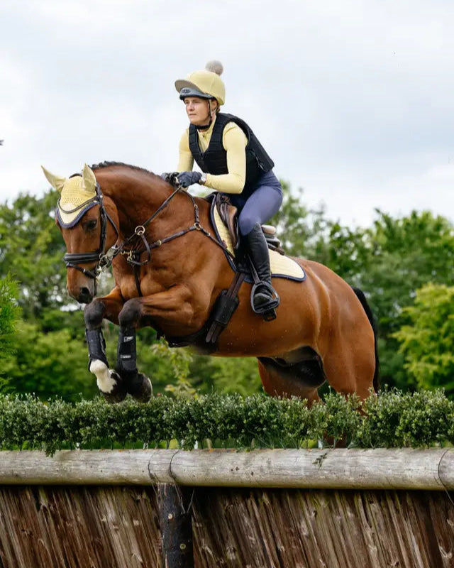 Horse Jumping Eventing: Rider in Yellow LeMieux Pom Hat Silk (Mimosa/Stone) - Equiflair