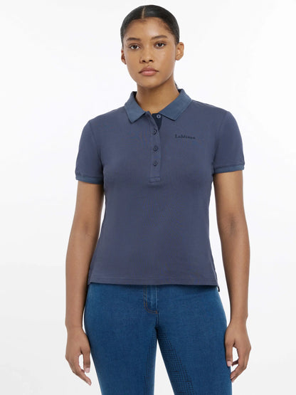 Lemieux Classique Polo Shirt - Dusk Blue: Woman wearing quick-drying, comfortable polo shirt by Lemieux in a stylish dusk blue color.