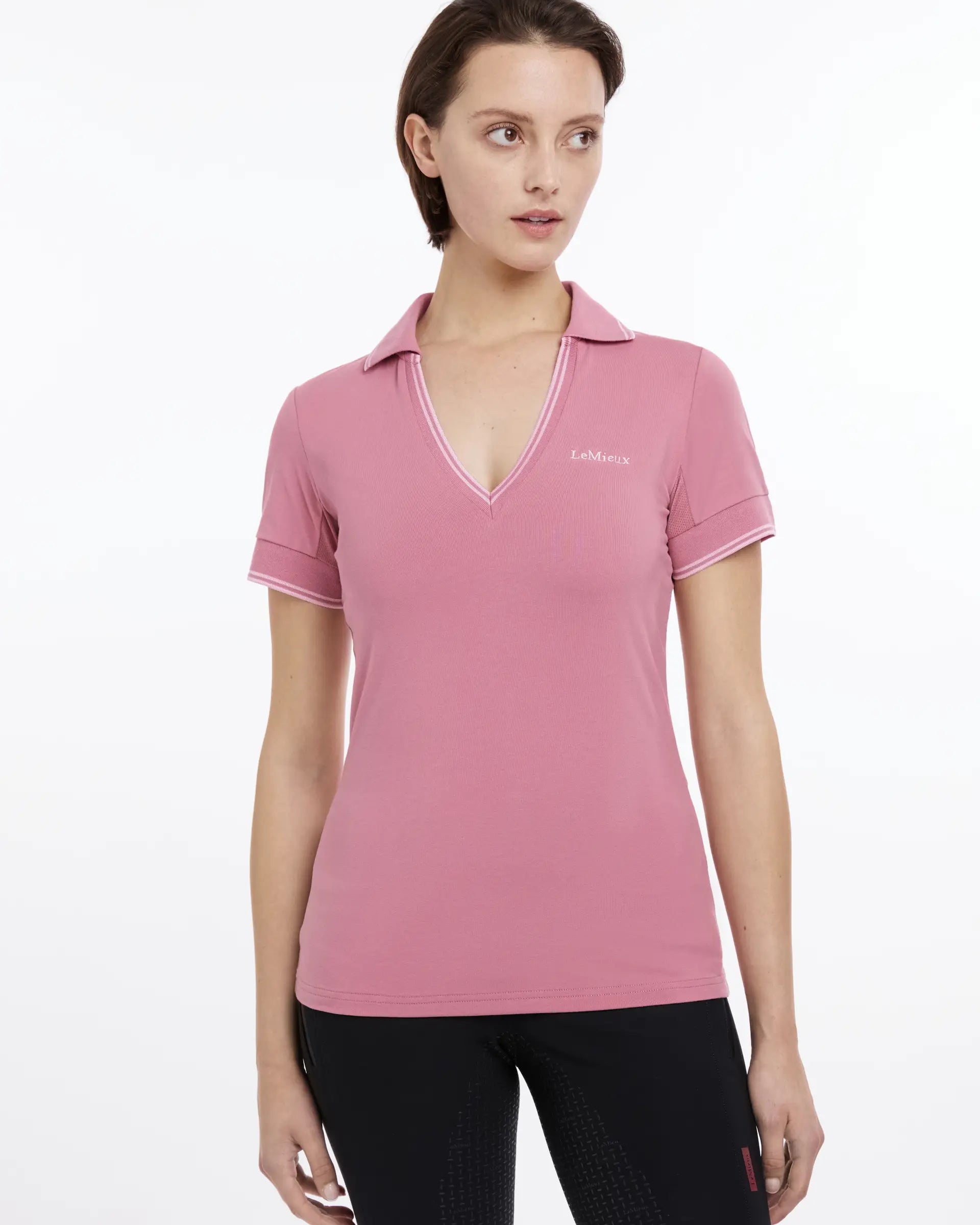 LeMieux Serena Sports Polo Shirt Peony Pink - Breathable V-Neck Riding Top