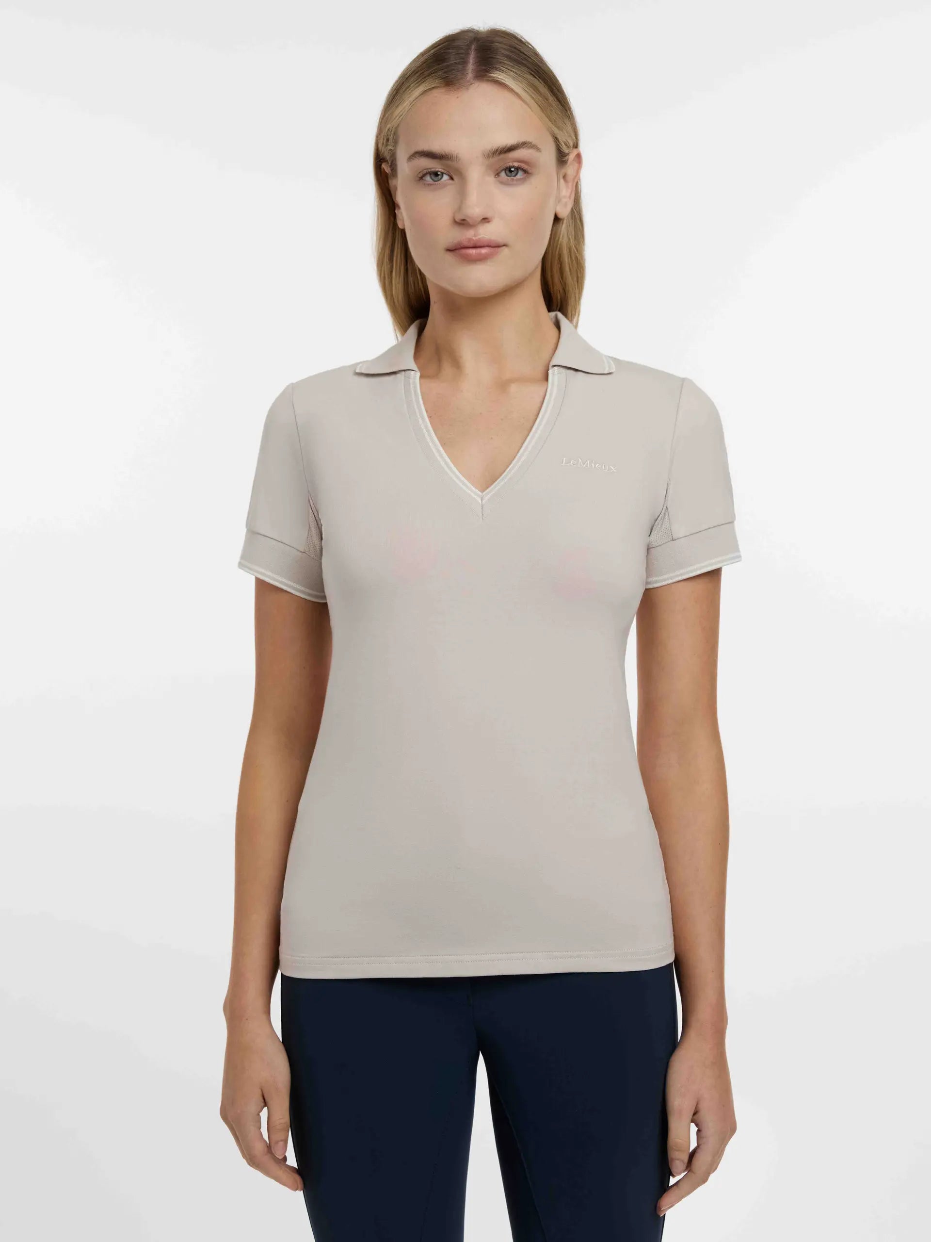 LEMIEUX SERENA SPORTS POLO STONE: Stylish V-Neck Equestrian Shirt. Comfortable, Breathable Polo for Riding. Equestrian Fashion.