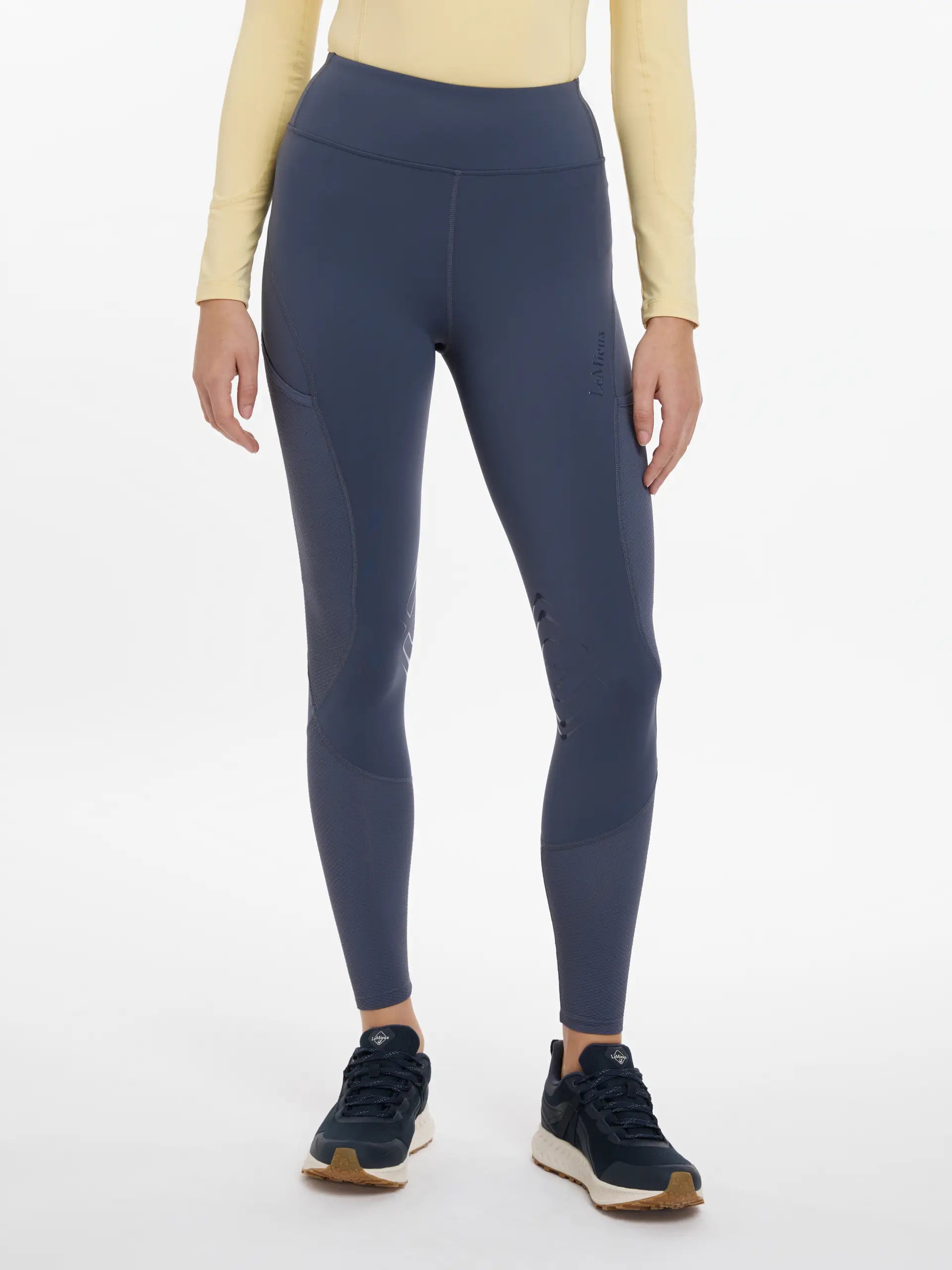 LEMIEUX Lydia Mesh Leggings Dusk Blue: Equestrian riding leggings with mesh panels for breathability, four-way stretch fabric.