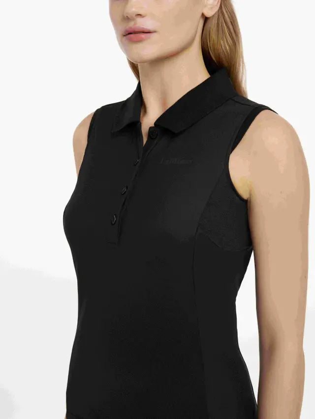 LeMieux Marissa Sleeveless Polo Shirt - Black. Women's sleeveless polo with UV protection & mesh panels. Equestrian style.