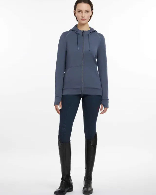 LEMIEUX TABI TECH ZIP THROUGH HOODIE in DUSK BLUE. Technical activewear hoodie for women. Equestrian layering.