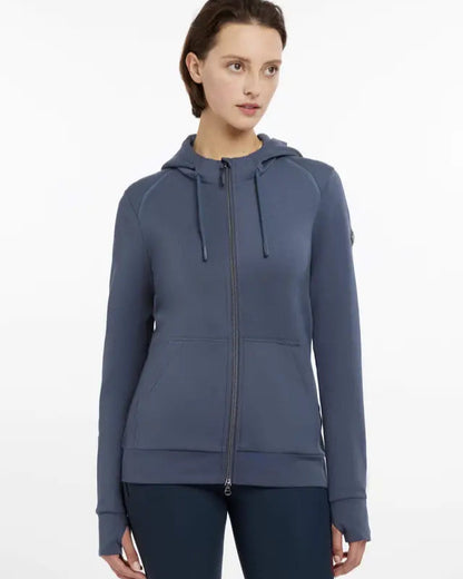 LeMieux Tabi Tech Zip Through Hoodie - Dusk Blue. Women's activewear jacket with hood, zipper, long sleeves and sporty look.
