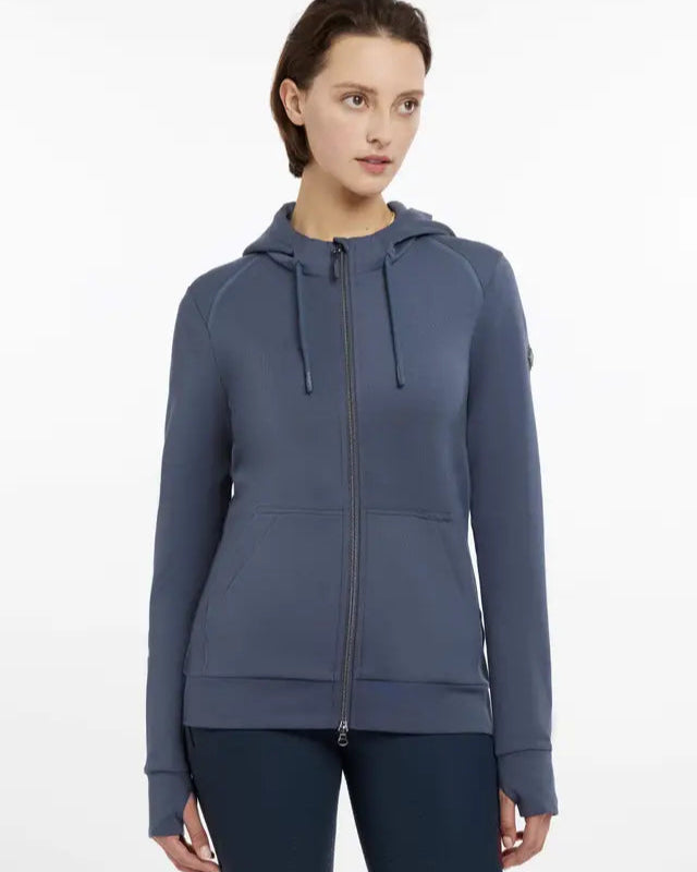 LeMieux Tabi Tech Zip Through Hoodie - Dusk Blue. Women's activewear jacket with hood, zipper, long sleeves and sporty look.