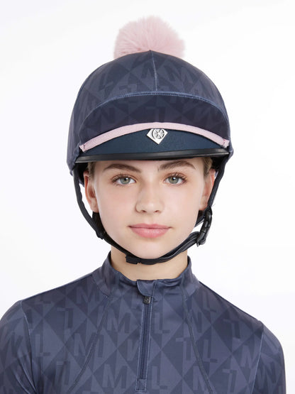 LeMieux Clea Dusk Blue Equestrian Hat Silk with Diamond Monogram and Pink Pom Pom - Horse Riding Helmet Cover