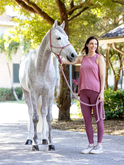 LeMieux Rope Halter Blossom: Woman & Grey Horse in Equestrian Fashion. Equiflair Store.