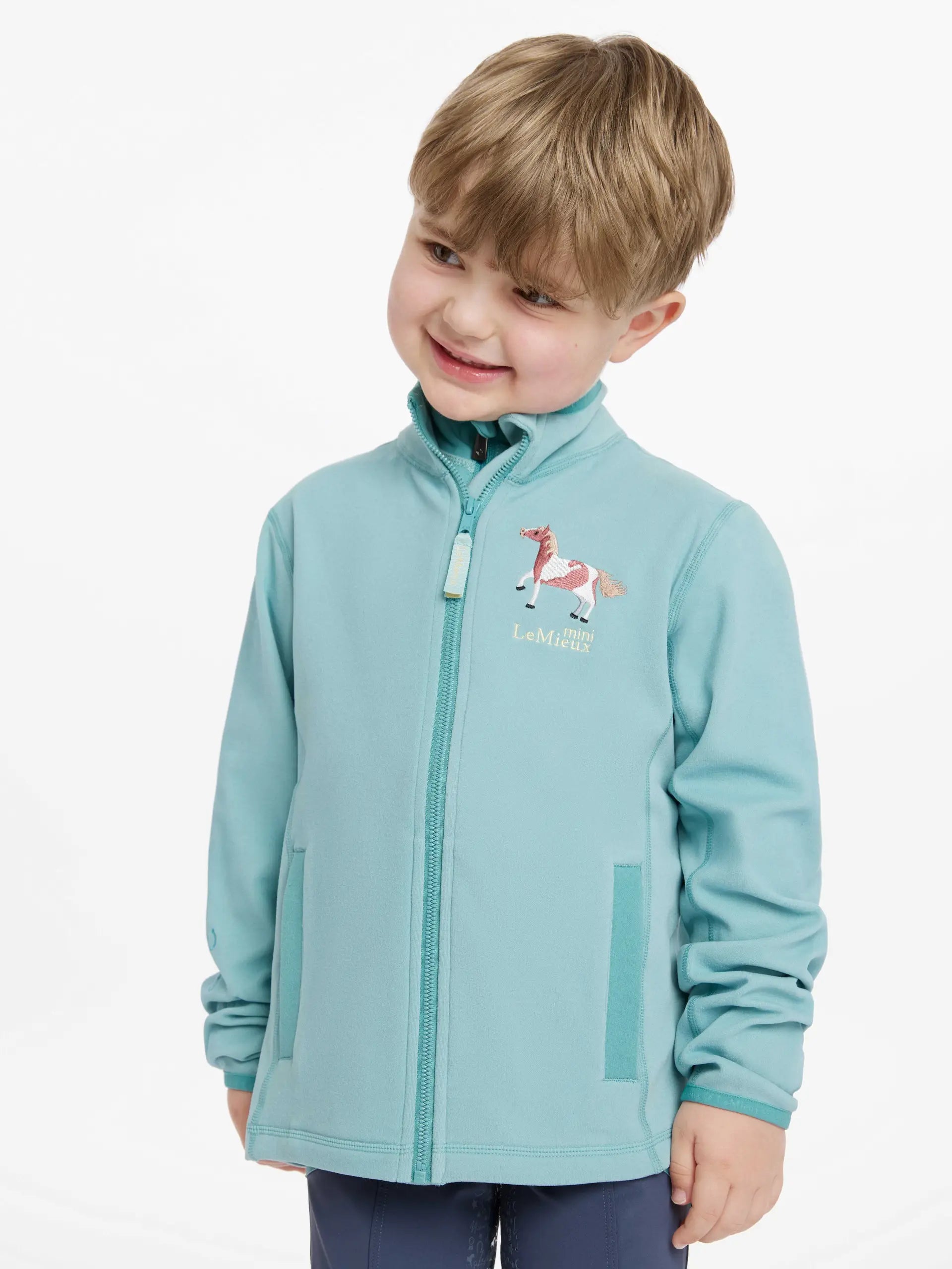 LeMieux Mini Mari Aqua Fleece Jacket for Kids with Horse Embroidery, Toddler Boy in Aqua Fleece, Equiflair Saddlery