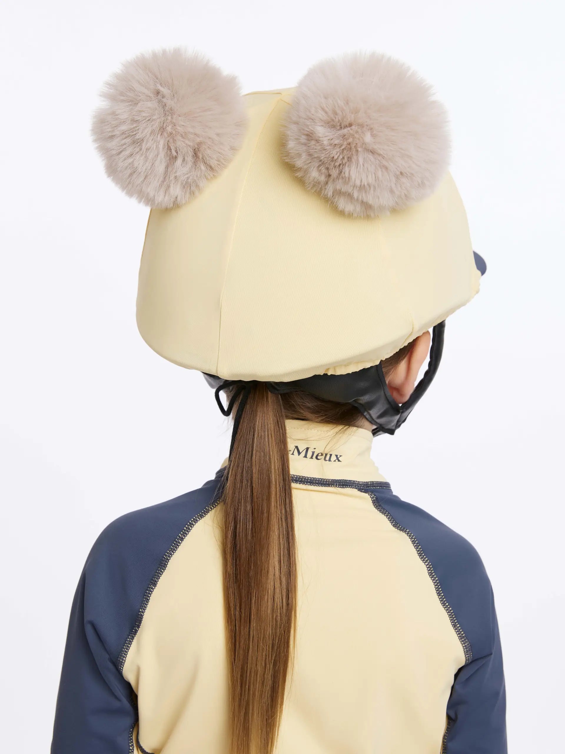 LeMieux Mini Double Pom Hat Silk in Mimosa: Adorable Equestrian Helmet Cover with Detachable Faux Fur Pom Poms