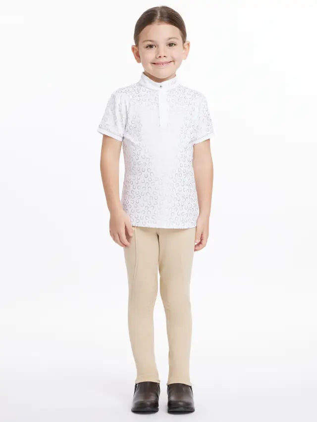Kids Equestrian Apparel: Lemieux Mini Bella White Show Shirt with Horseshoe Print. Riding Outfit for Girls.