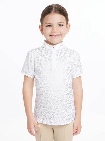 LEMIEUX Mini Bella Show Shirt - White with Horseshoes | Girls Horse Riding Competition Top | Equiflair