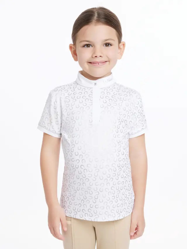 LEMIEUX Mini Bella Show Shirt - White with Horseshoes | Girls Horse Riding Competition Top | Equiflair