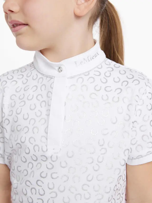 LeMieux Mini Bella Show Shirt - White with Horseshoe Print - Equestrian Girl's Competition Top