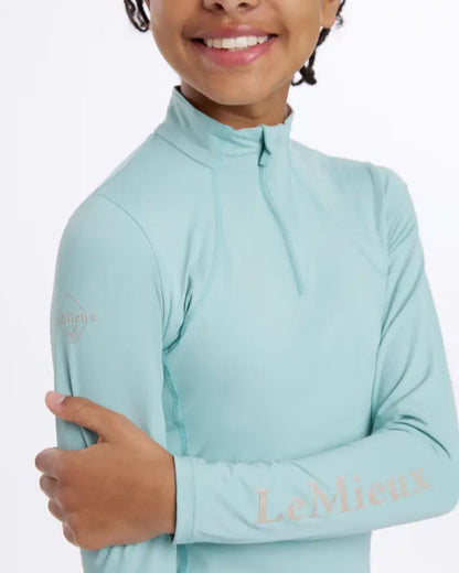 LeMieux Young Rider Base Layer Aqua: UV Protection, Quarter Zip Performance Shirt for Kids