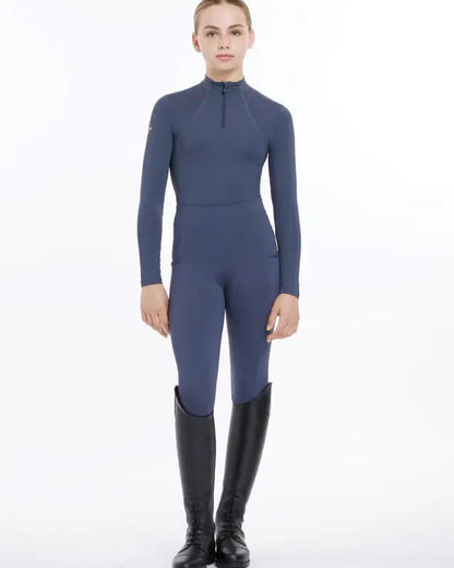 LeMieux Young Rider Base Layer Dusk Blue: Equestrian apparel, long sleeve top, riding gear, horseback riding clothes, riding boots.