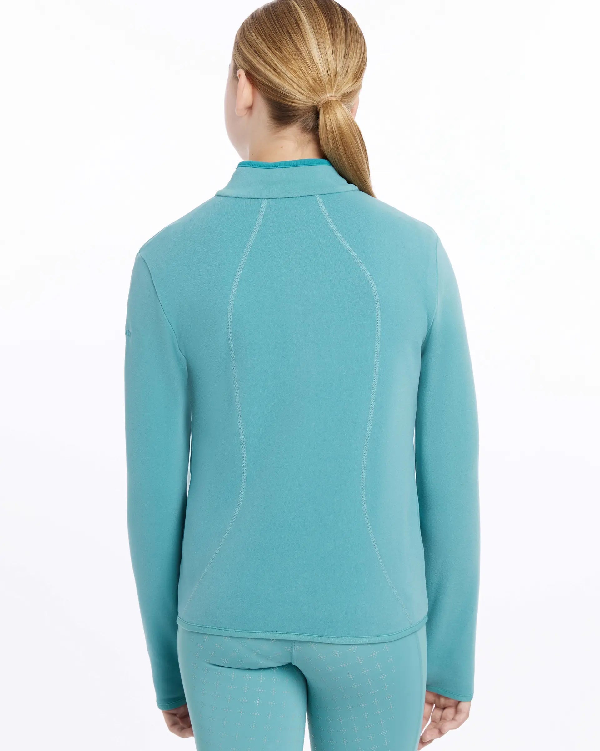 LE MIEUX Young Rider Felicity Fleece Zip Through Lagoon Jacket, Equiflair, stylish teal fleece for kids, equestrian apparel.