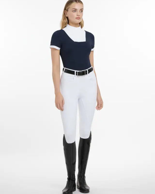 LeMieux Sophia Navy Show Shirt. Elegant short sleeve equestrian competition shirt for women. Shop now at Equiflair Saddlery!