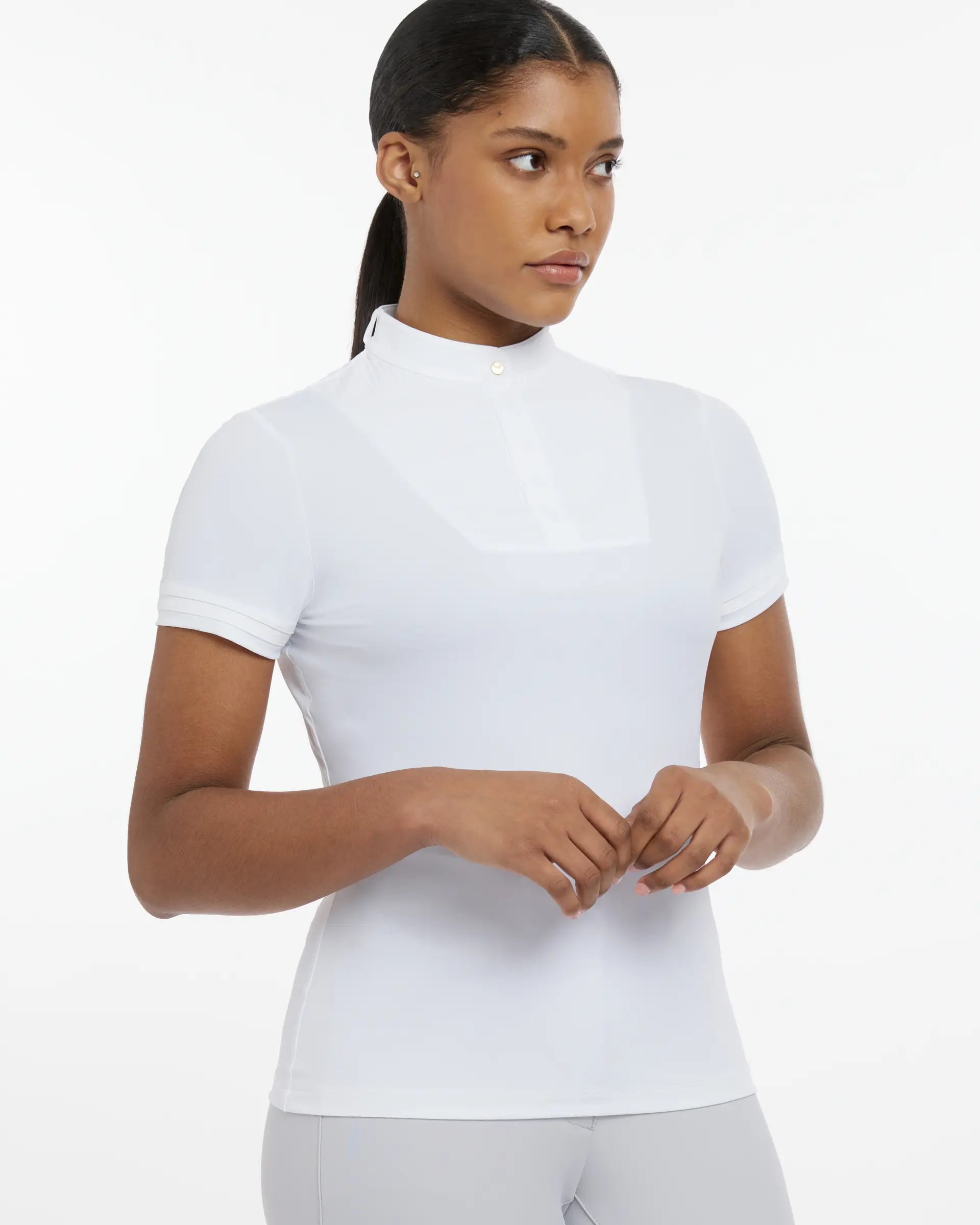 LeMieux Sophia White Equestrian Show Shirt - Short Sleeve, Technical Fabric, Magnetic Collar, Loops for Stock Tie - Equiflair