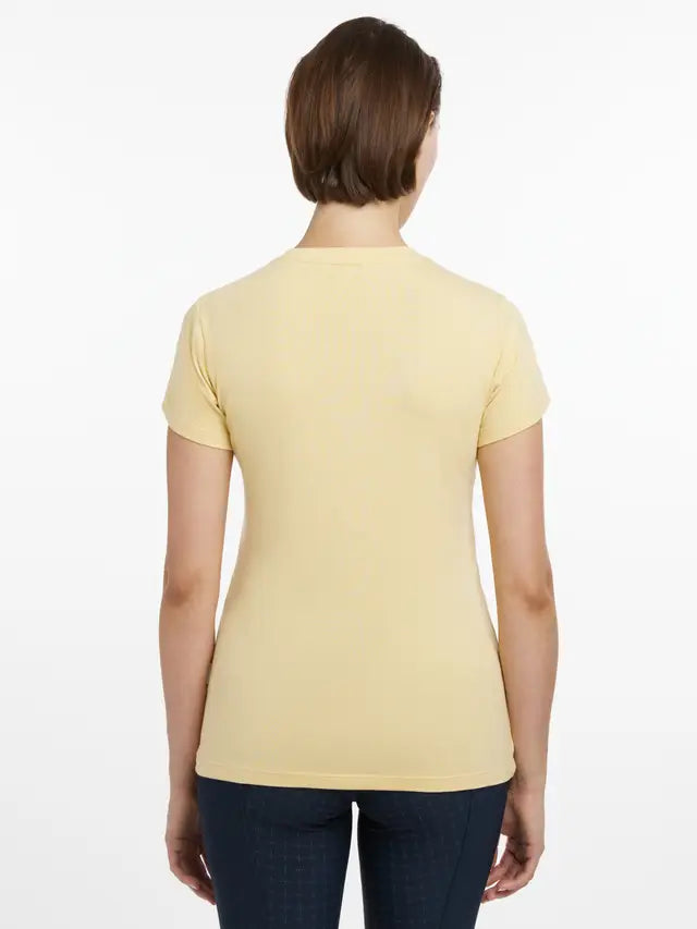LEMIEUX CLASSIQUE Mimosa T-Shirt for Horse Riding Women. Back view of yellow Equestrian Top