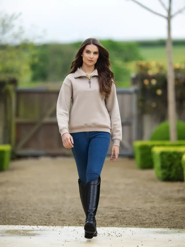 LeMieux Keira Quarter Neck Sweatshirt - Almond. Stylish zip-up sweater for women.