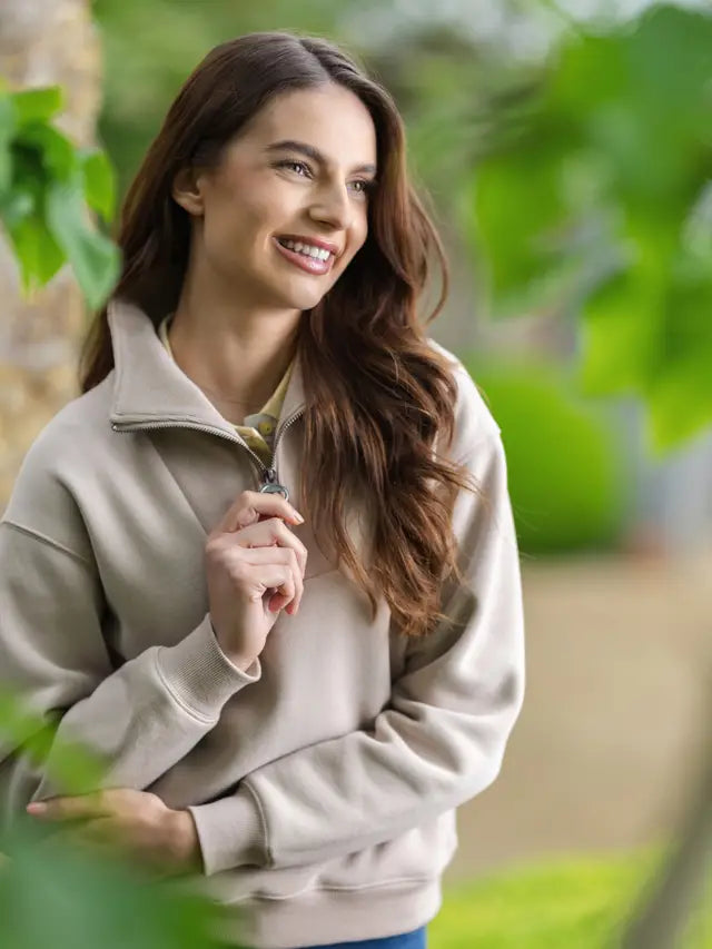 LeMieux Keira Quarter Zip Sweatshirt in Almond. Relaxed fit, cozy fleece. Women's equestrian style, perfect for layering. Shop at Equiflair!