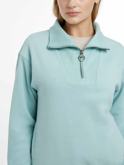 LeMieux Keira Aqua Quarter Zip Sweatshirt - Relaxed Fit, Ribbed Neck, Embroidered Logo. Shop Equiflair for Premium Equestrian Clothing!