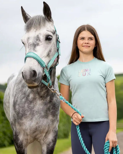 Girl with Horse Wearing LeMieux Young Rider Arianna Aqua T-shirt - Equestrian Fashion