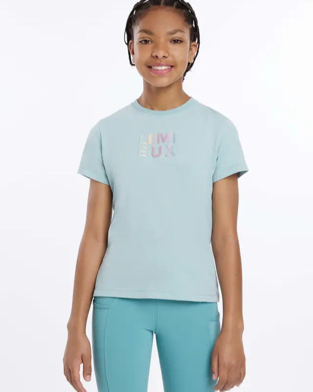 LeMieux Young Rider Arianna T-Shirt - Aqua. Girls Activewear, Equestrian Tee with Rainbow Logo