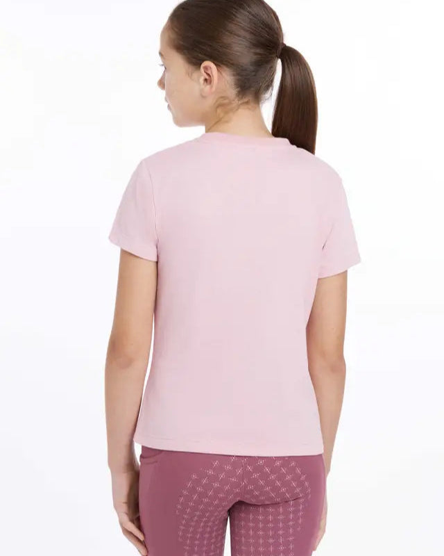 LeMieux Young Rider Arianna T-Shirt Blossom: Pink tee for girls, cotton jersey, summer style, silver logo, riding apparel. Equiflair store.
