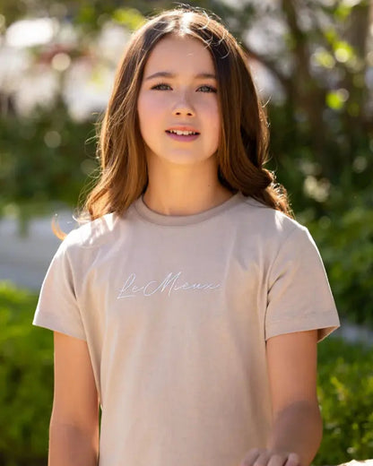 LeMieux Young Rider Arianna T-Shirt Almond: Girl wearing the stylish LeMieux tee shirt