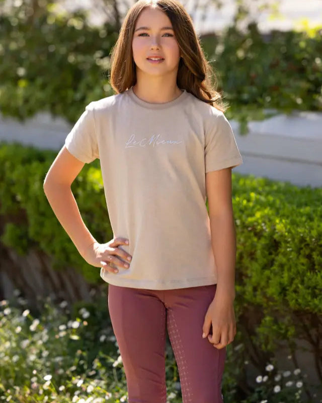 LeMieux Young Rider Arianna T-Shirt Almond - Equiflair: Girls equestrian fashion top.