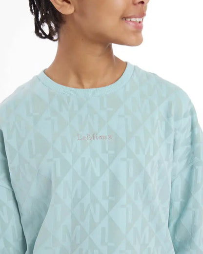 Lemieux Young Rider Aqua Crew Neck Sweater: Comfortable Kids' Fashion with Velvet Flocked Monogram Detail