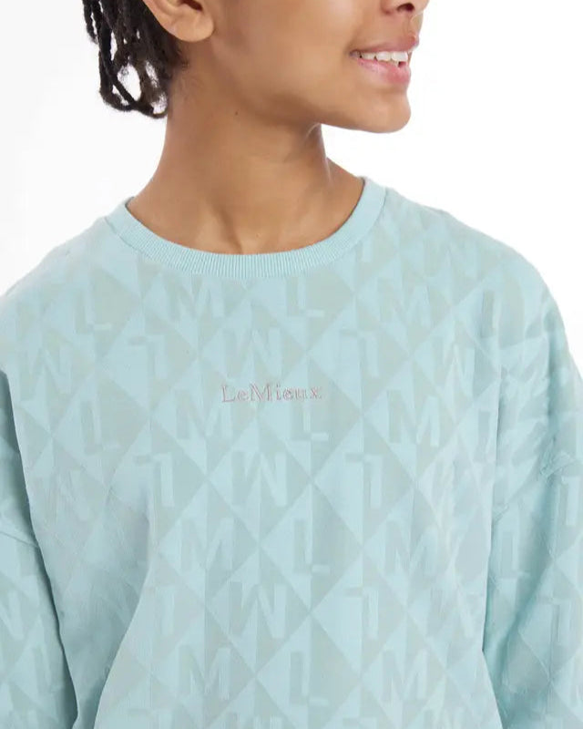 Lemieux Young Rider Aqua Crew Neck Sweater: Comfortable Kids' Fashion with Velvet Flocked Monogram Detail