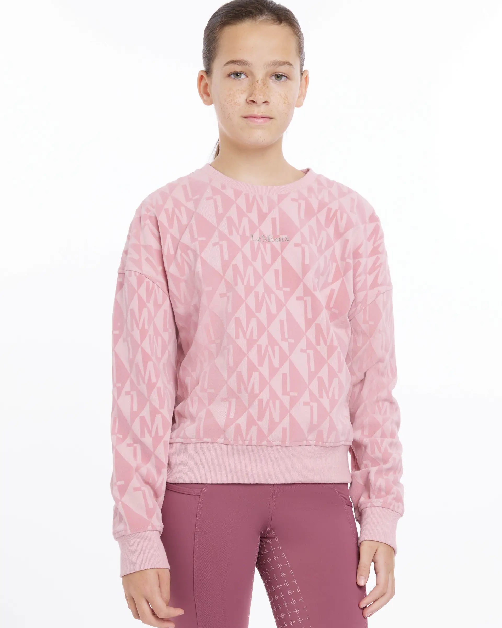 LeMieux Young Rider Clea Crew Sweat Blossom - Equiflair - Pink Monogram Sweater for Kids Equestrian Fashion