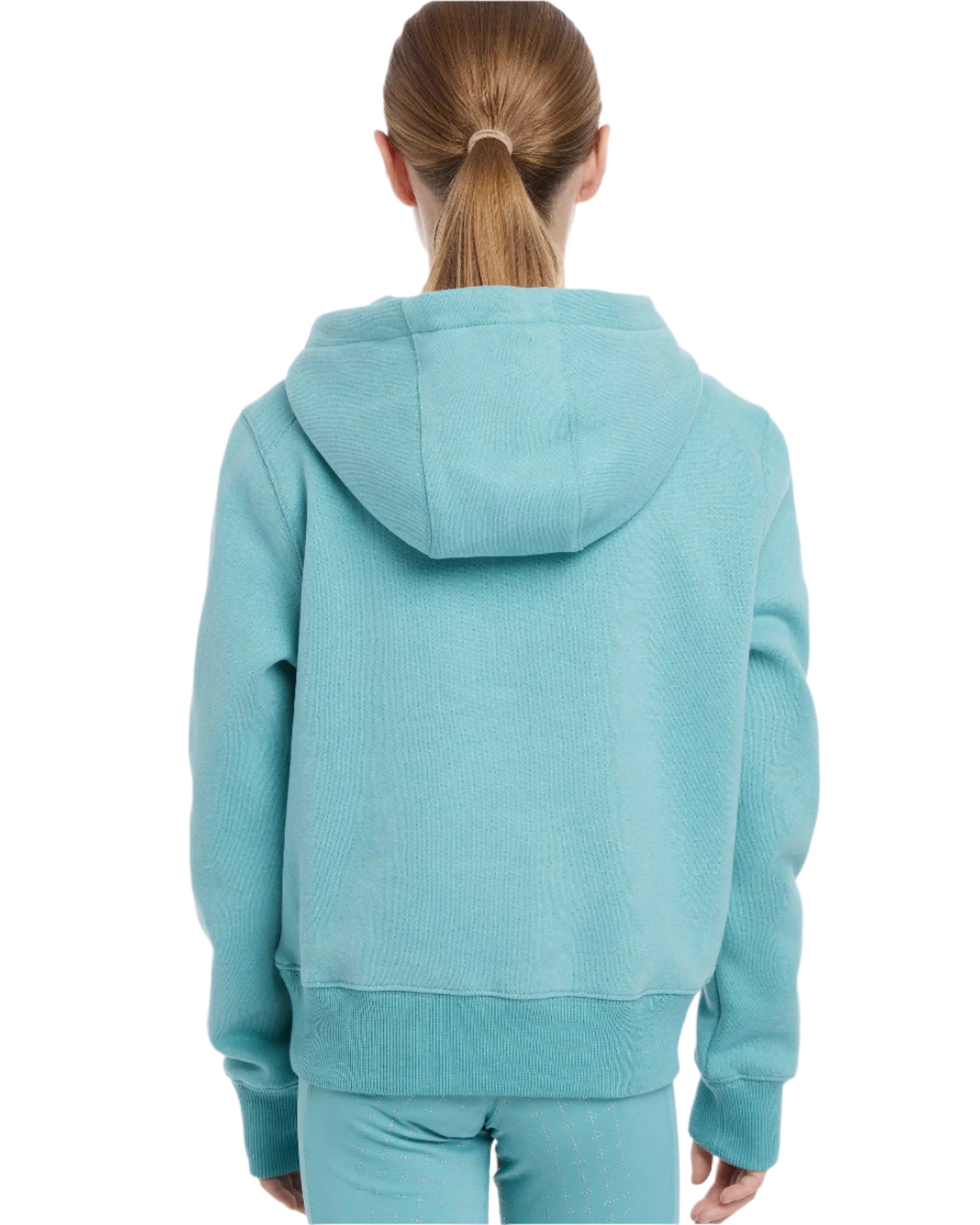 LEMIEUX YOUNG RIDER HARRIET POP OVER LAGOON hoodie. Lagoon color. Back view. Equiflair