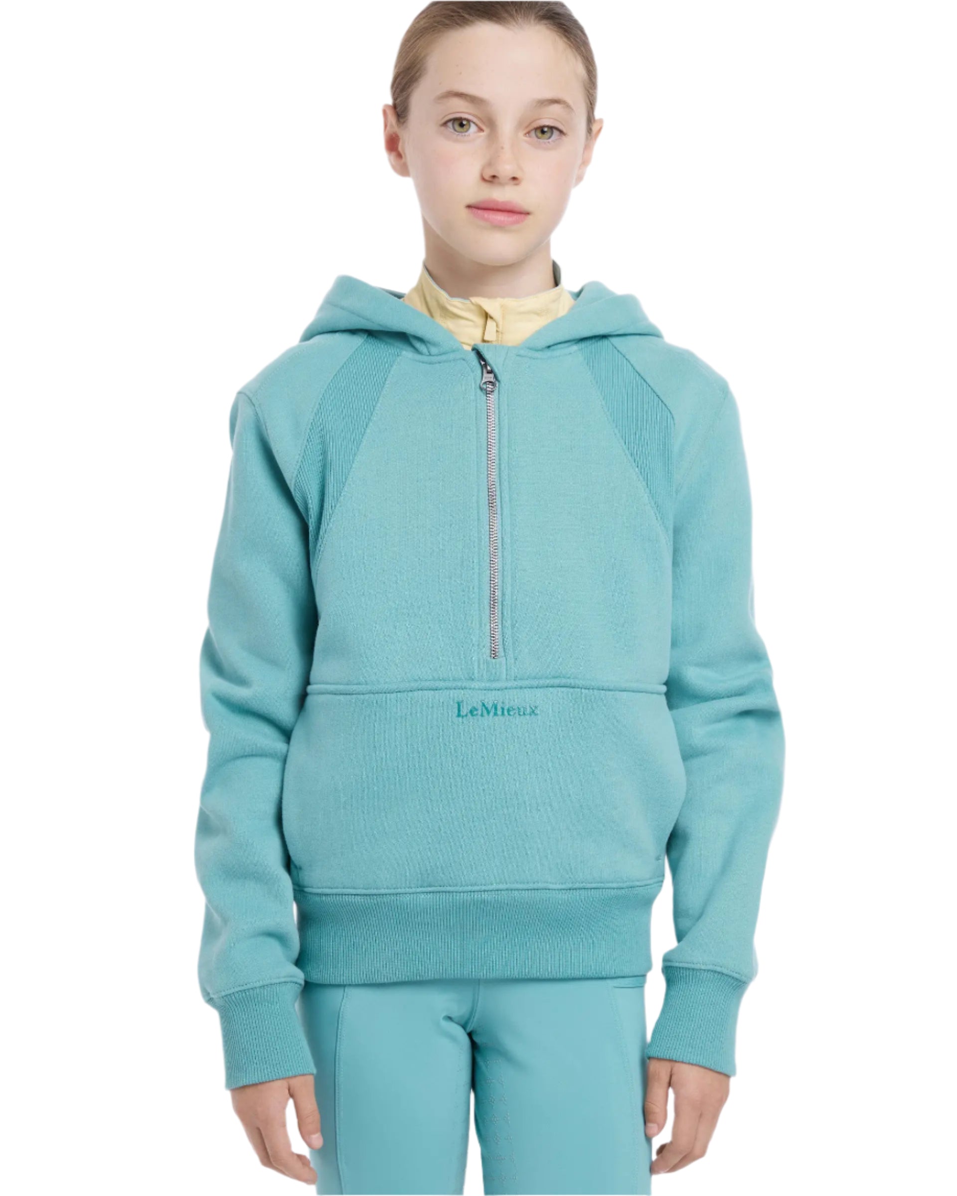 LEMIEUX Young Rider Harriet Hoodie - Lagoon. Equestrian apparel for kids. Half zip, kangaroo pocket, relaxed fit for comfortable riding.