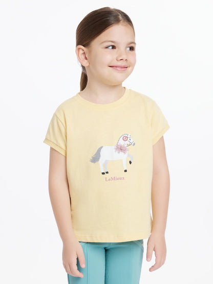LeMieux Mini Alex Tee Mimosa: Girl in yellow pony t-shirt. Equestrian style for kids. Horse lover apparel.