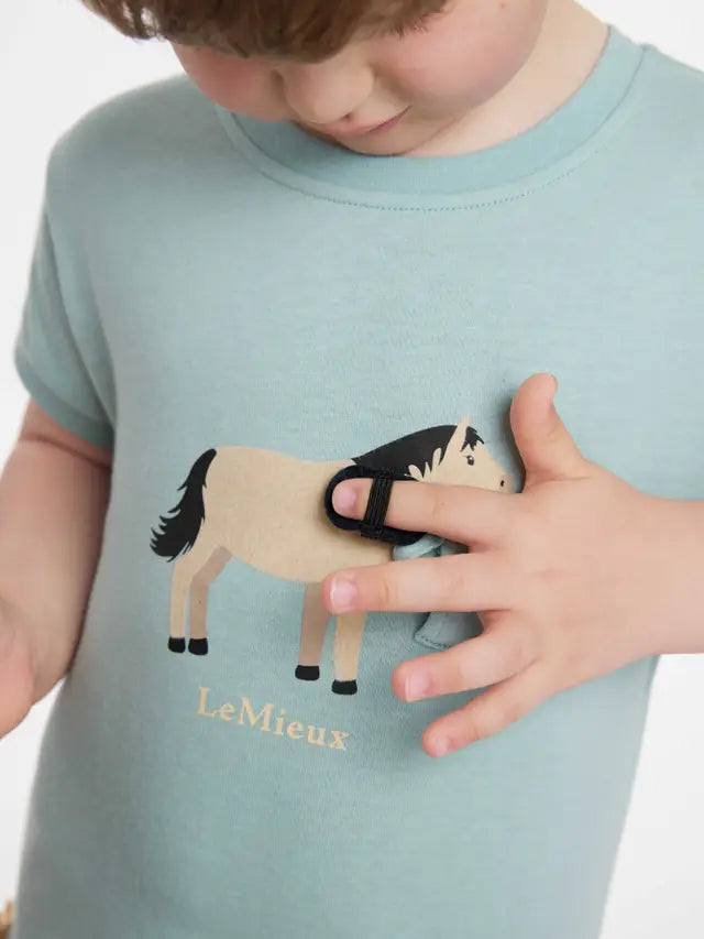 Lemieux Mini Alex Aqua Tee: Kid Wearing Horse Shirt with Brush