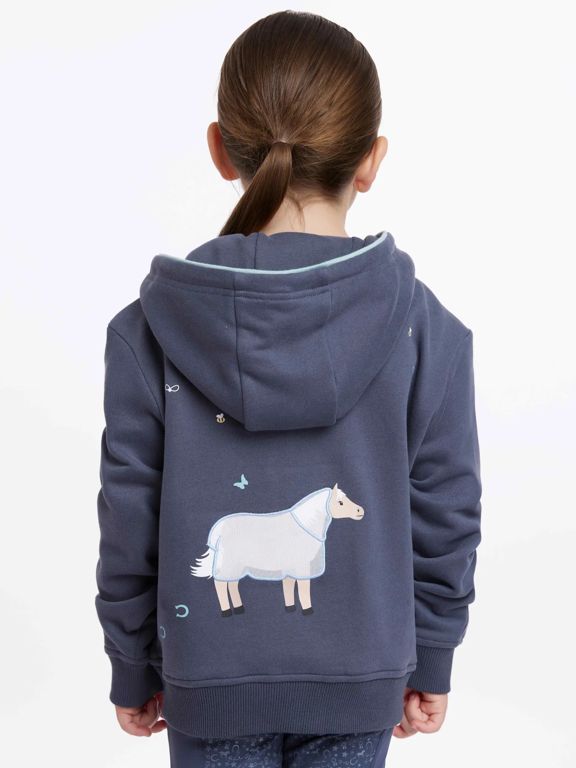 LEMIEUX Mini Charlie Zip Through Hoodie in Dusk Blue with pony applique. Kids' Equestrian Apparel.